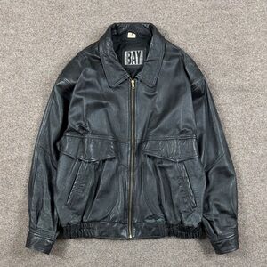 Vintage 90s Black Genuine Leather Distressed Full Zip Bomber Jacket Mens Size XL